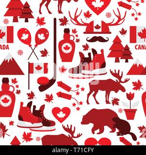 Canada sign and symbol, graphic elements flat icons set in seamless pattern. Stock Vector
