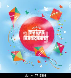 illustration of Happy Makar Sankranti wallpaper with colorful kite Stock Vector