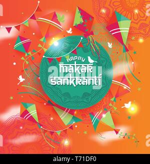 illustration of Happy Makar Sankranti wallpaper with colorful kite Stock Vector