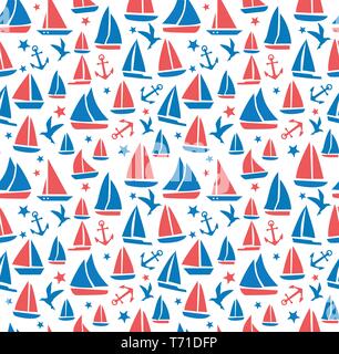 Seamless abstract sea background. Sailboats on white background. Stock Vector