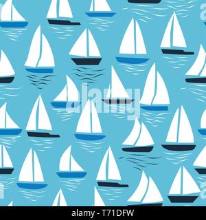 Seamless abstract sea background. Sailboats on blue. Sea seamless pattern. Stock Vector