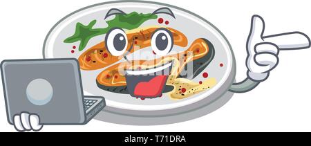 With laptop grilled salmon isolated in the mascot Stock Vector