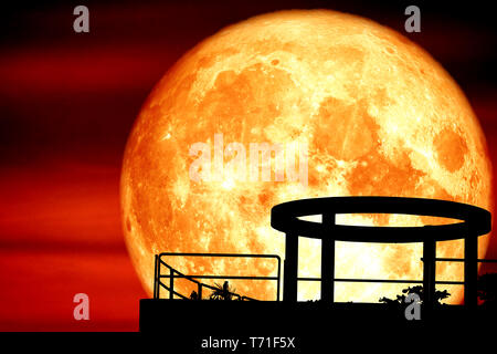 super full blood moon back over silhouette cycle on roof of building night red sky, Elements of this image furnished by NASA Stock Photo