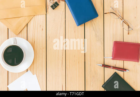 Business stationary set in workspace on wooden background Stock Photo