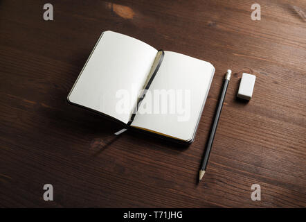 Notebook, pencil, eraser Stock Photo