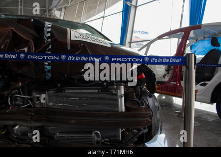 Proton damaged car for show inside the main company. Stock Photo