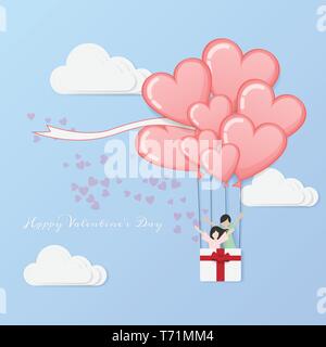 vector of love and Happy Valentine's day. hot air balloon flying with love couple inside basket and heart float on cloudy sky.  Valentine greeting car Stock Vector