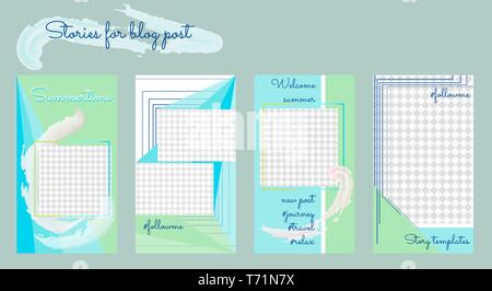 Set of vector stories template for blog post. Design backgrounds for social media. Summer style in blue and light green Stock Vector