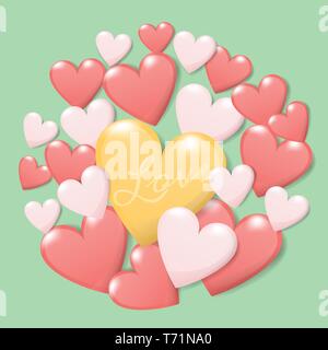 happy valentine's day concept. group of colorful heart with text love isolate on green background. creative vector greeting card design Stock Vector