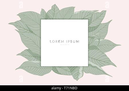 creative layout made from sketch of green leaves with paper card note isolated on pink background , flat lay. nature concept Stock Vector