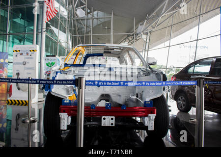 Proton damaged car for show inside the main company. Stock Photo