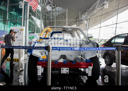 Proton damaged car for show inside the main company. Stock Photo