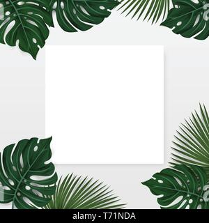 creative layout made tropical background with exotic palm leaves and plants with white paper card note isolated on white background , flat lay. nature Stock Vector