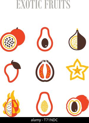 Exotic fruit icons set. Vector illustration for food apps and websites Stock Vector