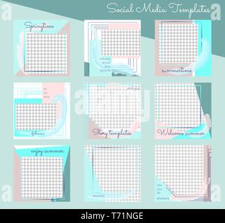 Set of modern editable square web templates for social media blog post. Elegant spring or summer backgrounds with abstract pattern. Stock Vector