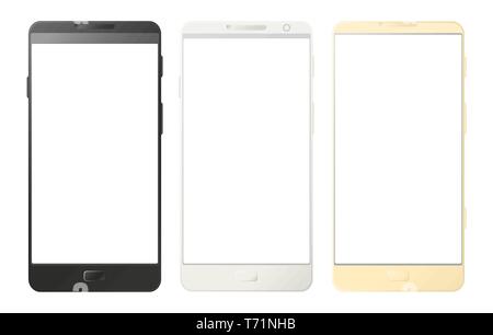 Mobile phones, smartphones isolated on white background. Digital devices set in black, white and gold color. Vector Stock Vector