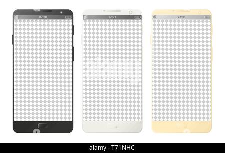 Vector mobile phones, smartphones with buttons isolated with transparent screen on white background. Digital devices set in black, white and gold colo Stock Vector