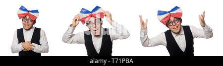 Funny man wearing giant bow tie Stock Photo