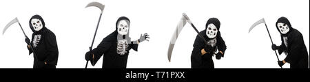 Scary monster with scythe isolated on white Stock Photo