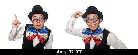 Funny man wearing giant bow tie Stock Photo