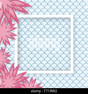 origami design elements cut paper made layer of pink flower with blank white border frame, vintage wave pattern at background Stock Vector