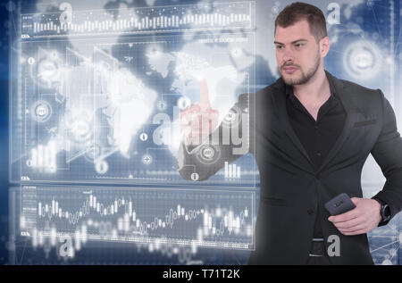 Businessman works with virtual holographic interface. Future technology concept Stock Photo