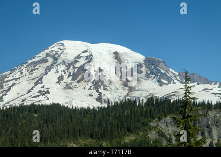 The peak of Mt Rainier in Washington state against a bright blue summer sky. Stock Photo