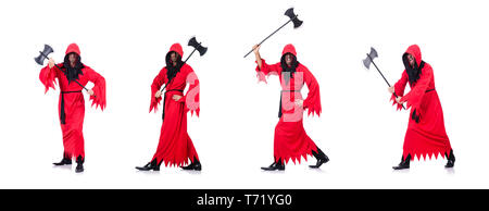 Executioner in red costume with axe on white Stock Photo