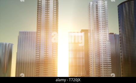 Business skyscrapers at sunset reflected in windows, Bangkok Stock Photo