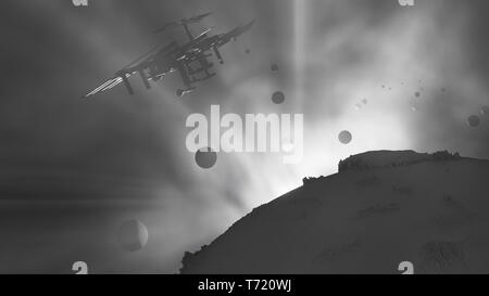 Planets, ISS and the sun in cosmic fog. 3D illustration Stock Photo