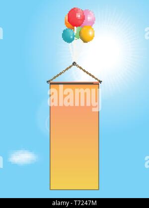 Flying Vertical Blank Copy Space Banner Attached to Balloons Over Blue Sunny Sky Background Stock Vector