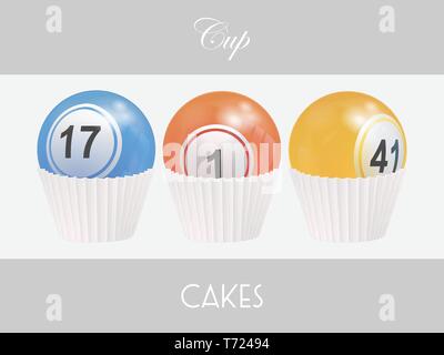 3D Illustration of Trio Of Cup Cake Made With Bingo Lottery Balls Over a White Panel on Gray Background with Decorative Text Stock Vector
