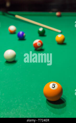 Billiard balls on pool green table Stock Photo