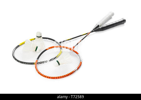 Badminton rackets and feather shuttlecocks Stock Photo