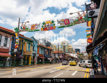 Chinatown, Singapore - February 9, 2019: indian business district in Singapore. Old colorful colonail buildings in Little India Stock Photo
