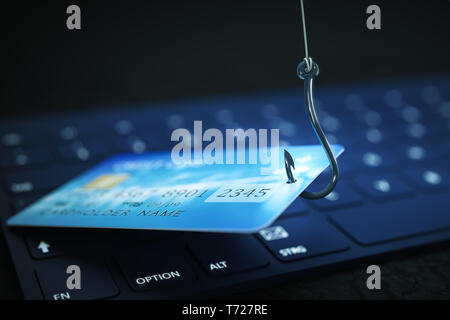 phishing credit card data with keyboard and hook symbol Stock Photo