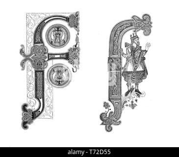 Two samples of capital F decorated letter in miniatures of the 9th century Stock Photo