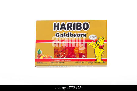 Haribo Gummi Goldbears Candy box on white background Stock Photo