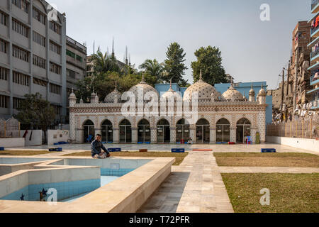 Star Mosque, is a mosque located in Armanitola area, Dhaka, Bangladesh. The mosque has ornate designs and is decorated with motifs of blue stars. It was built in the first half of the 19th century by Mirza Golam Pir. Stock Photo