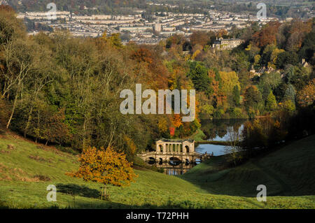 Autumn view from Prior Park over the Palladian bridge towards Bath