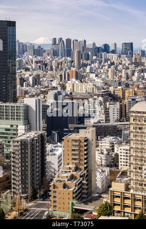 Mountain Fuji with Tokyo skylines and skyscrapers buildings in Shinjuku ward in Tokyo. Taken from Tokyo Bunkyo civic center observatory sky desk. Stock Photo