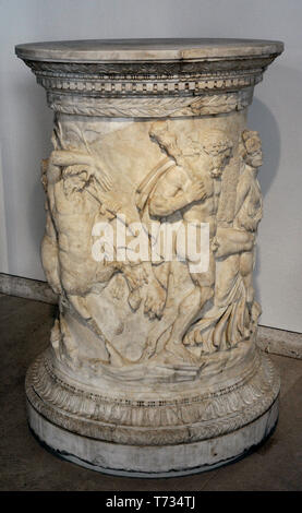 Altar stone dedicated to Bacchus. Reliefs depicting Bacchus with Hercules, Silenus and the centaur Chiron in a ceremony. 1st century AD. Marble. From Rome (Italy). National Archaeological Museum. Madrid. Spain. Stock Photo