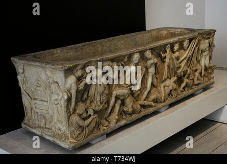 Sarcophagus of the Oresteia. Mid-2nd century AD. Reliefs depicting the revenge of Orestes: the death of Clytemnestra and the traitor Aegisthus, the arrival of the hero at Delphi and his appearance before the Athenian court at the Areopagus, where he will be acquitted. Marble. From Husillos (Palencia province, Castile and Leon, Spain). National Archaeological Museum. Madrid. Spain. Stock Photo