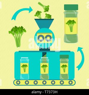 Parsley powder line series production. Factory of parsley powder. Fresh parsley being processed. Bottled parsley powder. Stock Vector
