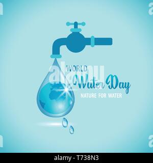 Vector illustration of water tap with the Earth globe inside water drop Stock Vector