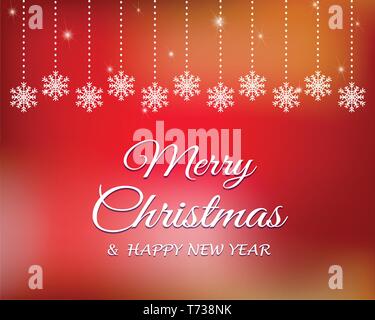 Abstract festive design with hanging snowflakes, sparkles. White Merry Christmas and happy new year text on red gradient background. Stock Vector
