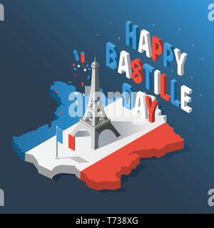 Bastille Day, Independence Day of France, symbols. French flag and map icons set in 3d style. Eiffel Tower icon. Stock Vector
