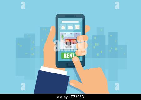 Apartment house rent using modern mobile technology. Vector of a man hand holding smartphone, touching screen making an apartment choice using smartph Stock Vector