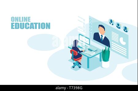 Online training concept. Vector of a student listening to a webinar on a computer Stock Vector