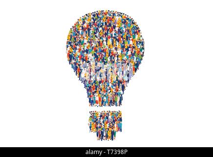 Concept of teamwork and creativity. Vector of diverse group of people shaped as a light bulb Stock Vector